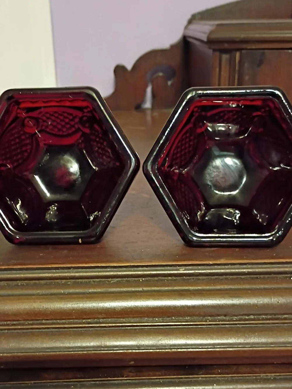 Vintage Avon Cape Cod. Ruby Red Pressed Glass Candlestick Holders - Pair